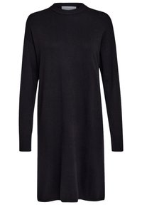 Abito nero a maniche lunghe con collo alto, caratterizzato da una vestibilità rilassata e che arriva a metà coscia, adatto per abbigliamento casual o formale.