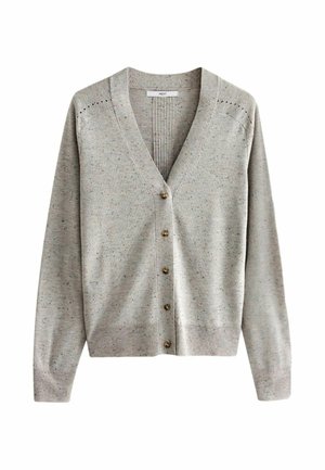 Hellgrauer Cardigan mit V-Ausschnitt, ausgestattet mit sieben goldenen Knöpfen, gerippten Bündchen und Saum sowie subtilen strukturierten Details.