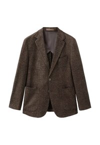Blazer a quadri marrone realizzato in tessuto strutturato, con chiusura frontale a due bottoni, rever a punte e due tasche frontali.