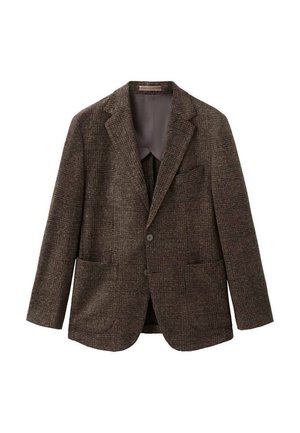 Brown plaid blazer made of textured fabric with a two-button front closure, notched lapels, and two front pockets.