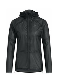 Black lightweight jacket with a hood, front zipper, and reflective accents. Features a textured, slightly shiny fabric with panel seam details.