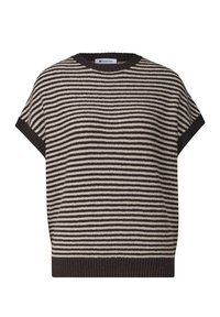 Short-sleeve knit sweater with horizontal black and beige stripes, ribbed hem, cuffs, and crew neckline by Street One.
