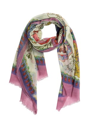 Kleurrijke, lichtgewicht sjaal met bloemige en abstracte patronen, met roze, paars, geel, groen en rood tinten, los gedrapeerd.