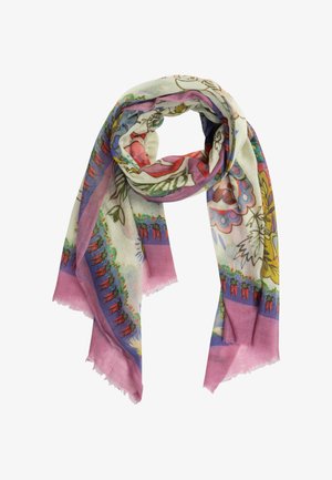 Kleurrijke, lichtgewicht sjaal met bloemige en abstracte patronen, met roze, paars, geel, groen en rood tinten, los gedrapeerd.