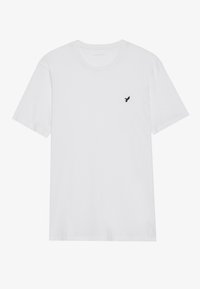 Weißes Baumwoll-T-Shirt mit kurzen Ärmeln, Rundhalsausschnitt und einem kleinen schwarzen Vogel-Logo auf der linken Brust. Glatte Textur und klassischer Schnitt.