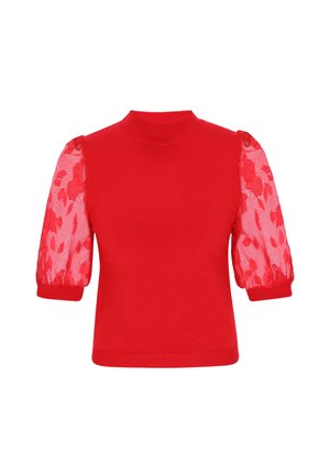 Pulover roșu cu guler înalt și mâneci scurte bufante din țesătură diafană, cu modele florale. Corp solid cu manșete ribonate.