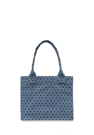 Blauwe stoffen boodschappentas met twee handvatten, versierd met een patroon van kleine zwarte hartjes die gelijkmatig over het oppervlak zijn verdeeld.