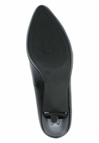 Semelle de chaussure à talon haut noire à bout pointu avec motif antidérapant en forme de papillon et taille 4½ marquée au bas.