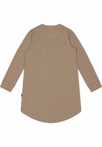 Lang�ærmet tan skjorte med rund søm, blød tekstur og enkelt design. Har en rund halsudskæring og standard manchetter.