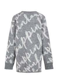 Maglione grigio a maglia con motivo di testo corsivo bianco. Vestibilità rilassata, colletto rotondo e maniche lunghe. Texture morbida e polsini a costine.