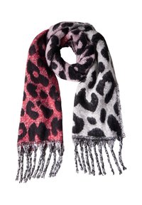 Løve-spotted tørklæde med røde og pink nuancer samt sorte pletter, afsluttet med frynsete kanter for tekstur og stil. Blødt materiale.