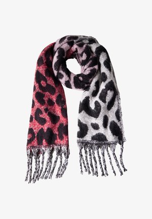 Leopardenmuster-Schal mit roten und rosa Farbtönen sowie schwarzen Flecken, ausgestattet mit fransigen Kanten für Textur und Stil. Weiches Material.