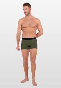 Dark green boxer briefs with a black elastic waistband featuring the brand name. Smooth fabric with a fitted design.