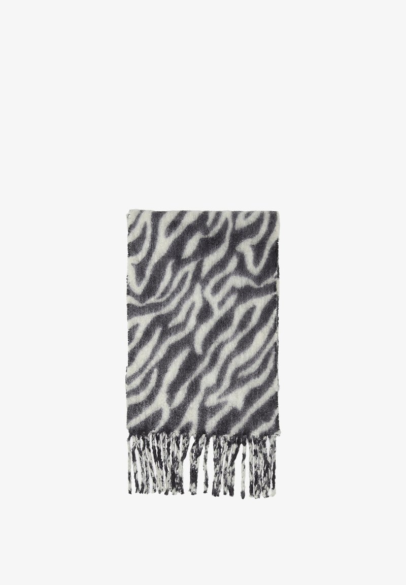 Mustaa ja valkoista zebra-kuosiscarfia, johon kuuluu ripustetut reunat, valmistettu pehmeästä tekstuurikerroksesta. Suorakulmainen muoto, kevyt rakenne.