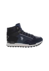 Hochschaft-Sneaker in Marineblau aus Wildleder und Netzmaterialien. Mit einem Logo-Detail, metallischen Akzenten und einer strukturierten Gummisohle.