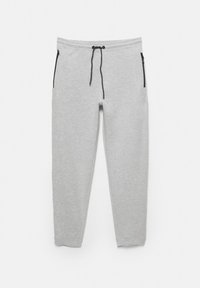 Light grey sweatpants with black drawstring and zippered side pockets, tapered leg, and elastic cuffs on a white background.