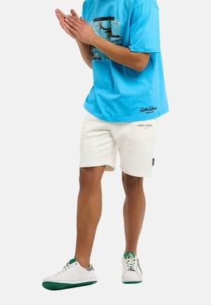 Homme portant un T-shirt graphique bleu vif, un short blanc et des baskets blanches avec des accents verts, debout les mains jointes.