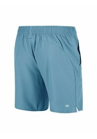 Pantalones cortos deportivos azules con una cintura elástica, bolsillos laterales y un pequeño logo cerca del dobladillo. Textura ligera y suave con un corte moderno.