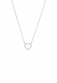 Collar de oro rosado con un colgante en forma de corazón entrelazado. La cadena es delicada, con pequeños eslabones y una forma de corazón abierto.