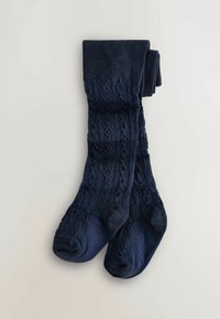 Marineblå strikkede knæhøje sokker med et struktureret kabelmønster, der har en glat topkant og forstærket tåområde for holdbarhed.