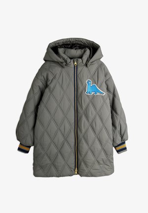 Giacca per bambini grigia, imbottita, con cappuccio, chiusura frontale con zip, polsini a righe e una patch di un dinosauro blu sul petto.