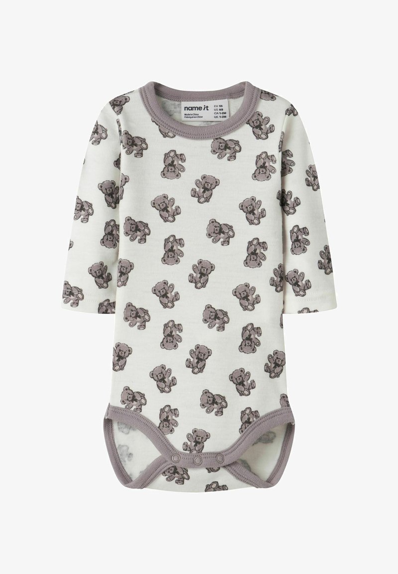 Body bébé blanc à manches longues avec bordure grise et imprimé intégral de petits oursons gris, fermeture pressionnée en bas.