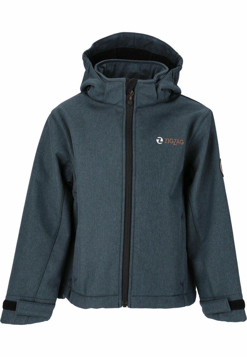 Dunkelblaugrüne Jacke mit Reißverschluss vorne, verstellbarem Kapuze und Klettverschlussärmeln. Mit einem Logo auf der Brust und einem glatten, strukturierten Stoff.
