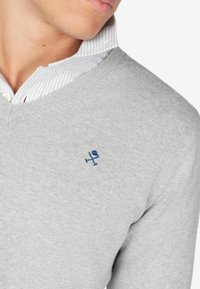 Suéter de punto gris claro con un diseño de pico y un pequeño logotipo azul en el pecho. Presenta una camisa de rayas con cuello debajo.