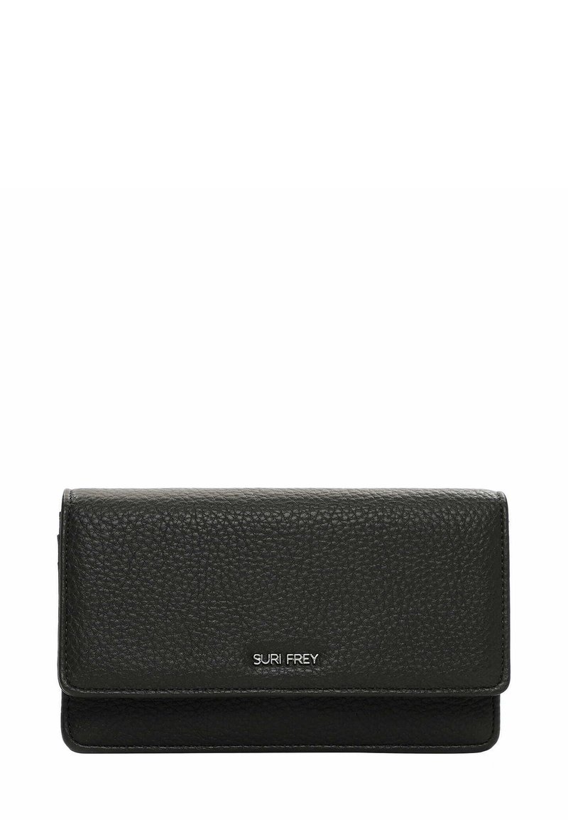 Black leather wallet with a textured surface, fold-over flap, and a silver embossed logo on the front. Compact rectangular shape.