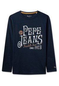 Granatowa koszulka z długim rękawem wykonana z bawełny, z dużym białym i brązowym nadrukiem, który zawiera napis "Pepe Jeans" oraz "Portobello Road" z rokiem.