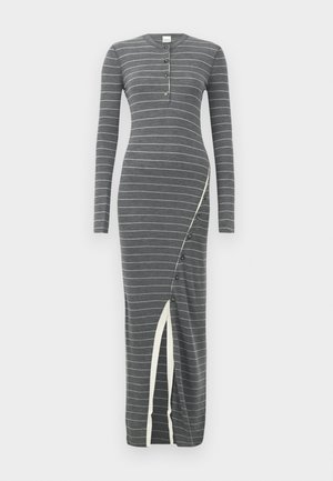 Long-sleeve, gray striped dress with a buttoned neckline, asymmetric white accent, and a side slit featuring button details along the seam.