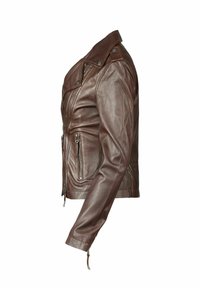 Braune Leder-Motorradjacke, taillierte Passform, asymmetrischer Reißverschluss, zwei vordere Reißverschlusstaschen und ein klassischer Kragen mit Druckknöpfen.