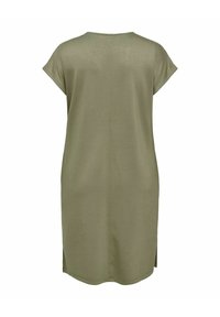Loszittende, korte mouw, olijfgroene knielange jurk met ronde halslijn en zijslitten, van achteren getoond op een effen achtergrond.