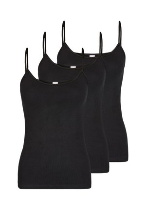 Tre top smanicati neri con sottili spalline disposti in fila sfalsata su sfondo bianco.