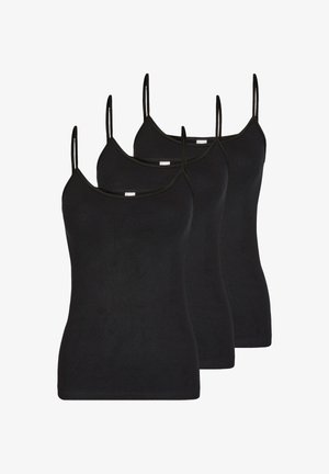 Trois hauts camisole noirs sans manches avec fines bretelles disposés en rangée décalée sur un fond blanc.