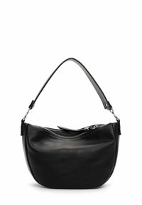 Czarna skórzana torebka o kształcie półksiężyca, z zamkiem błyskawicznym i jednym zakrzywionym paskiem. Posiada teksturowaną powierzchnię i minimalistyczne metalowe detale.