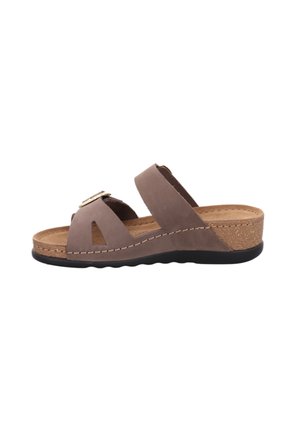 Bruine sleehaksandaal met twee brede banden, waarvan één met een gouden gesp, kurken voetbed en zwarte rubberen zool, zijaanzicht.