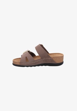 Sandale compensée marron avec deux larges brides, l'une avec une boucle dorée, semelle intérieure en liège et semelle extérieure en caoutchouc noir, vue de côté.