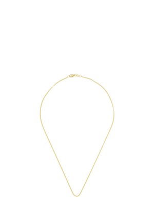 Delicata sottile collana a catena d'oro con chiusura a moschettone, mostrata su sfondo bianco.