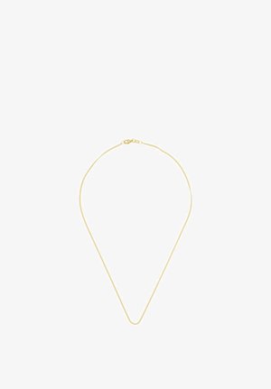 Delicata sottile collana a catena d'oro con chiusura a moschettone, mostrata su sfondo bianco.