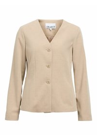 Beige Blazer mit taillierter Passform, langen Ärmeln, V-Ausschnitt und vier Knöpfen auf der Vorderseite. Glatte Textur mit strukturierter Verarbeitung.