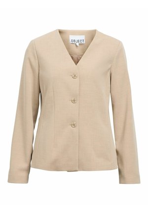 Bež blazer s prilagođenim dizajnom, dugim rukavima, V-izrezom i četiri dugmeta sprijeda. Glatka tekstura s oblikovanom krojem.
