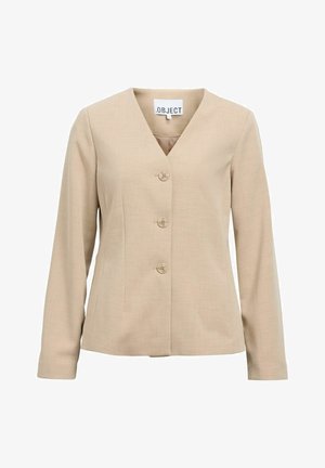 Bež blazer s prilagođenim dizajnom, dugim rukavima, V-izrezom i četiri dugmeta sprijeda. Glatka tekstura s oblikovanom krojem.