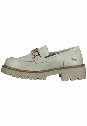 White leather loafer with a decorative gold buckle, featuring a chunky beige sole with ridges for traction, and subtle branding on the side.