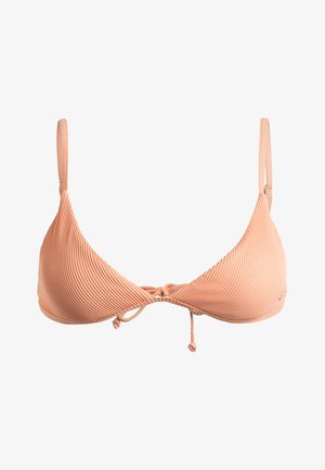 Pfirsichfarbener, gerippter Bikini-Oberteil mit verstellbaren dünnen Trägern und einem Bindedetail vorne. Die weiche Textur und die dreieckigen Cups verbessern das Design.