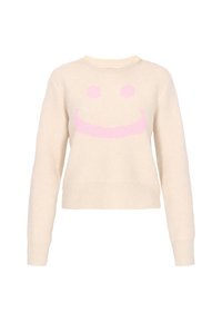 Cremfarbener Pullover aus weichem Material, mit einem rosa Smiley-Muster auf der Vorderseite, Rundhals-Ausschnitt und gerippten Bündchen und Saum.