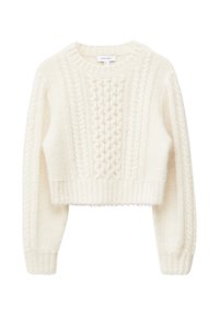 Cremfarbener, verkürzter Pullover mit strukturiertem Zopfmuster, gerippten Bündchen und Saum sowie einem klassischen Rundhalsausschnitt. Weiches, flauschiges Material.