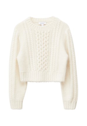Cremfarbener, verkürzter Pullover mit strukturiertem Zopfmuster, gerippten Bündchen und Saum sowie einem klassischen Rundhalsausschnitt. Weiches, flauschiges Material.