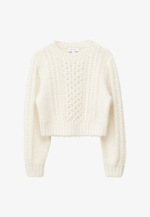 Cremfarbener, verkürzter Pullover mit strukturiertem Zopfmuster, gerippten Bündchen und Saum sowie einem klassischen Rundhalsausschnitt. Weiches, flauschiges Material.