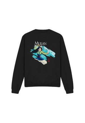 Black sweatshirt featuring animated Mulan in fighting pose with sword, blue and green background, and "Mulan" text above.